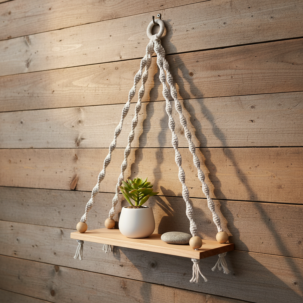 Macrame Wall Shelf 1 Tier | Boho Hanging Plant Shelf