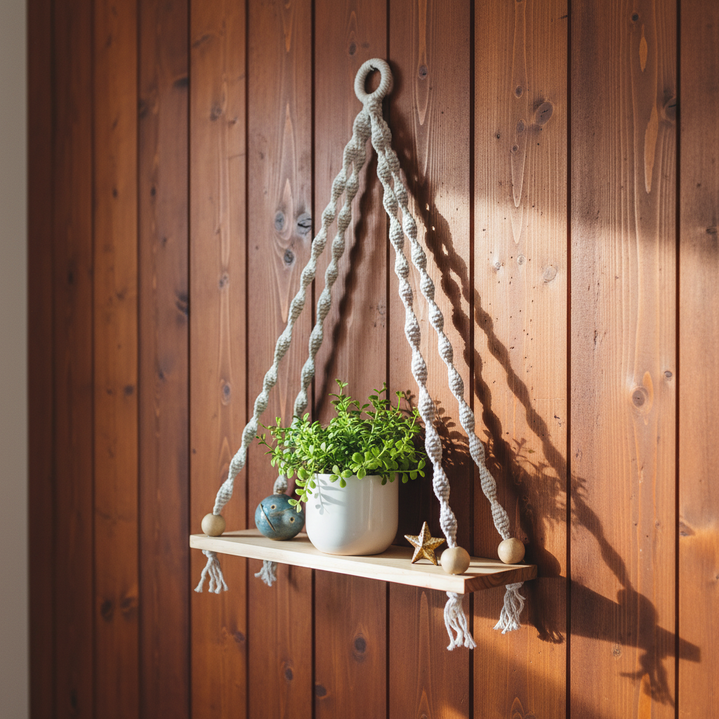 Macrame Wall Shelf 1 Tier | Boho Hanging Plant Shelf