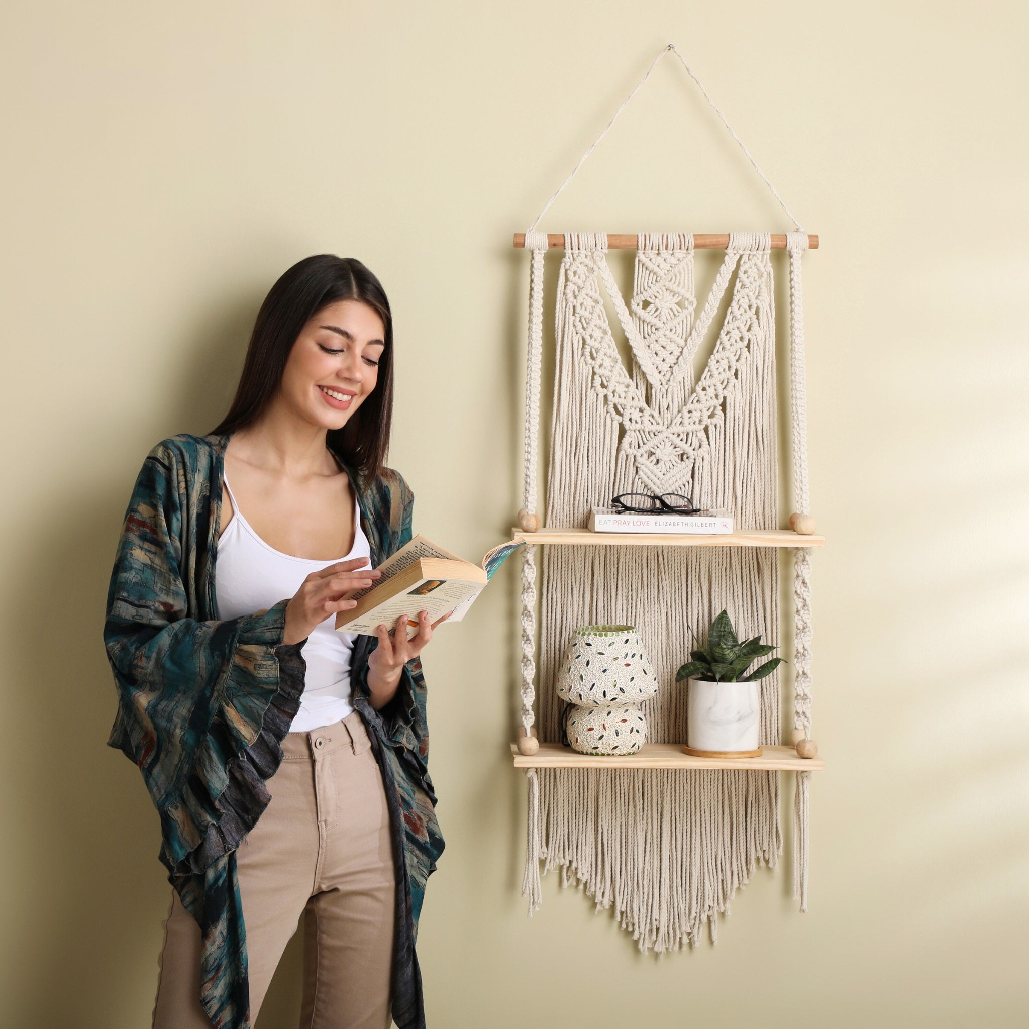 Macrame Wall Shelf 2 Tier | Boho Hanging Plant Shelf