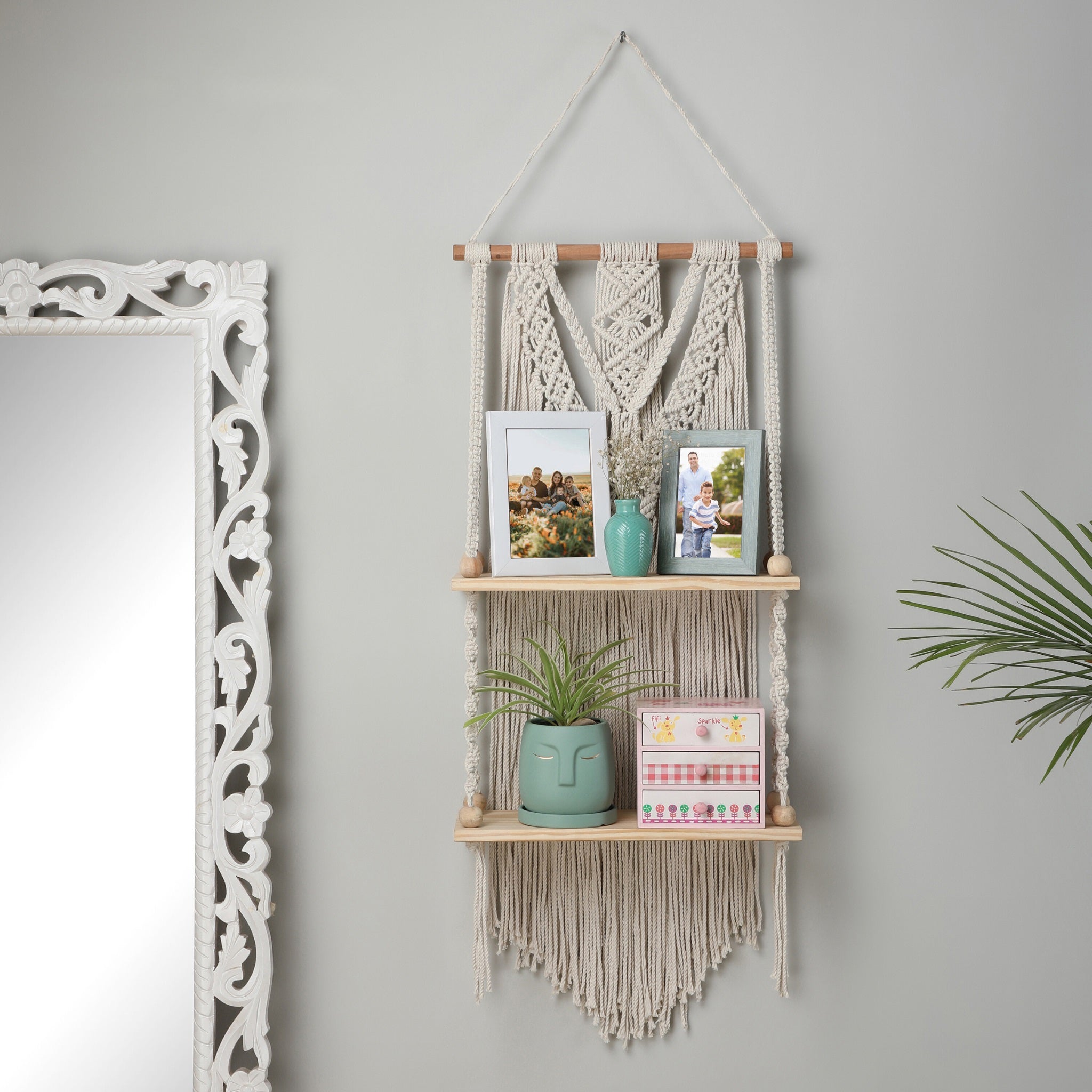 Macrame Wall Shelf 2 Tier | Boho Hanging Plant Shelf