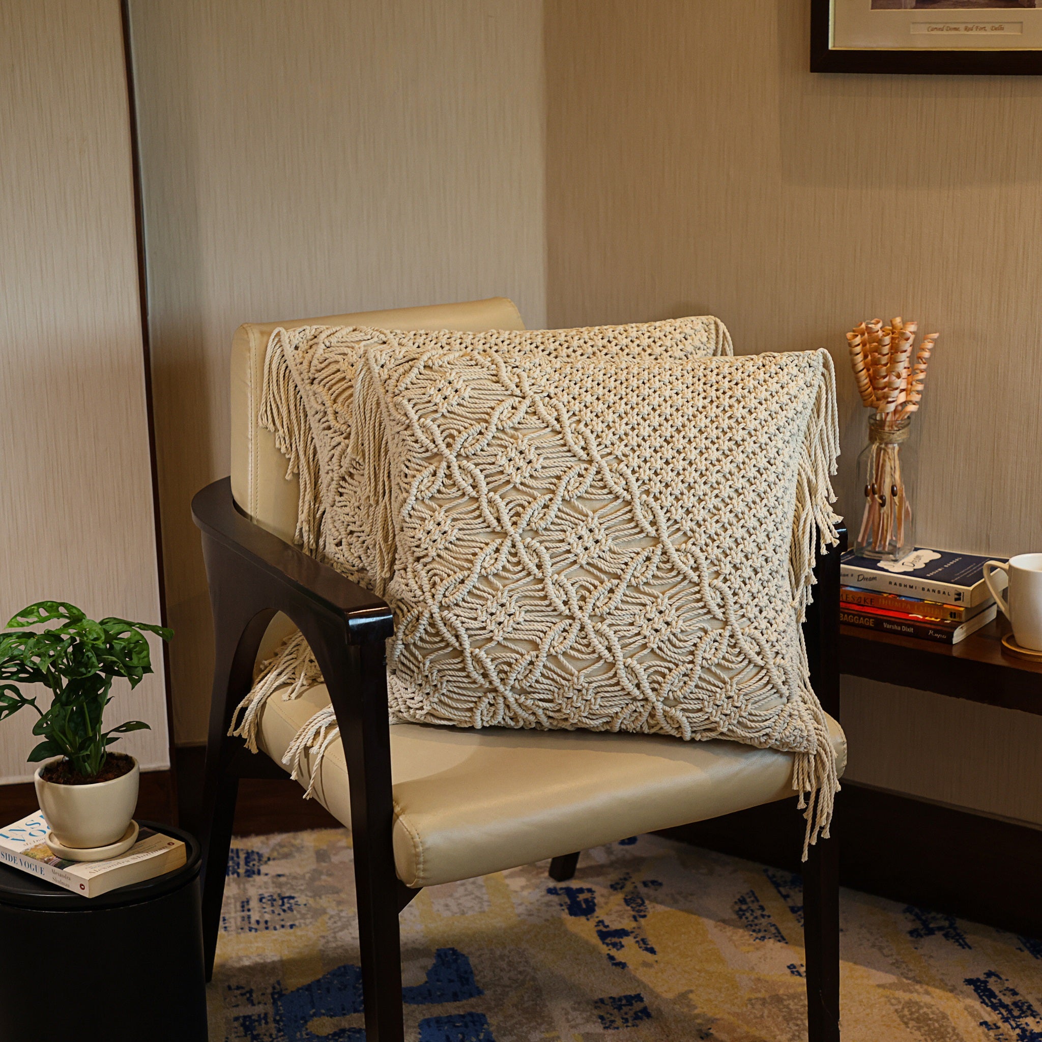 Macrame Asymmetrical Pillow Cover with Fringe | 18x18 Boho Throw Pillow Cover