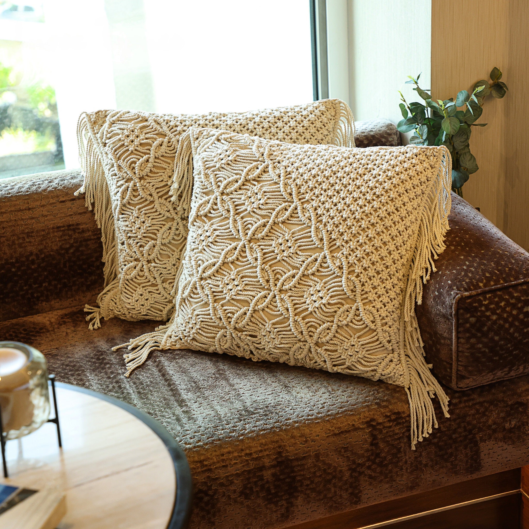 Macrame Asymmetrical Pillow Cover with Fringe | 18x18 Boho Throw Pillow Cover