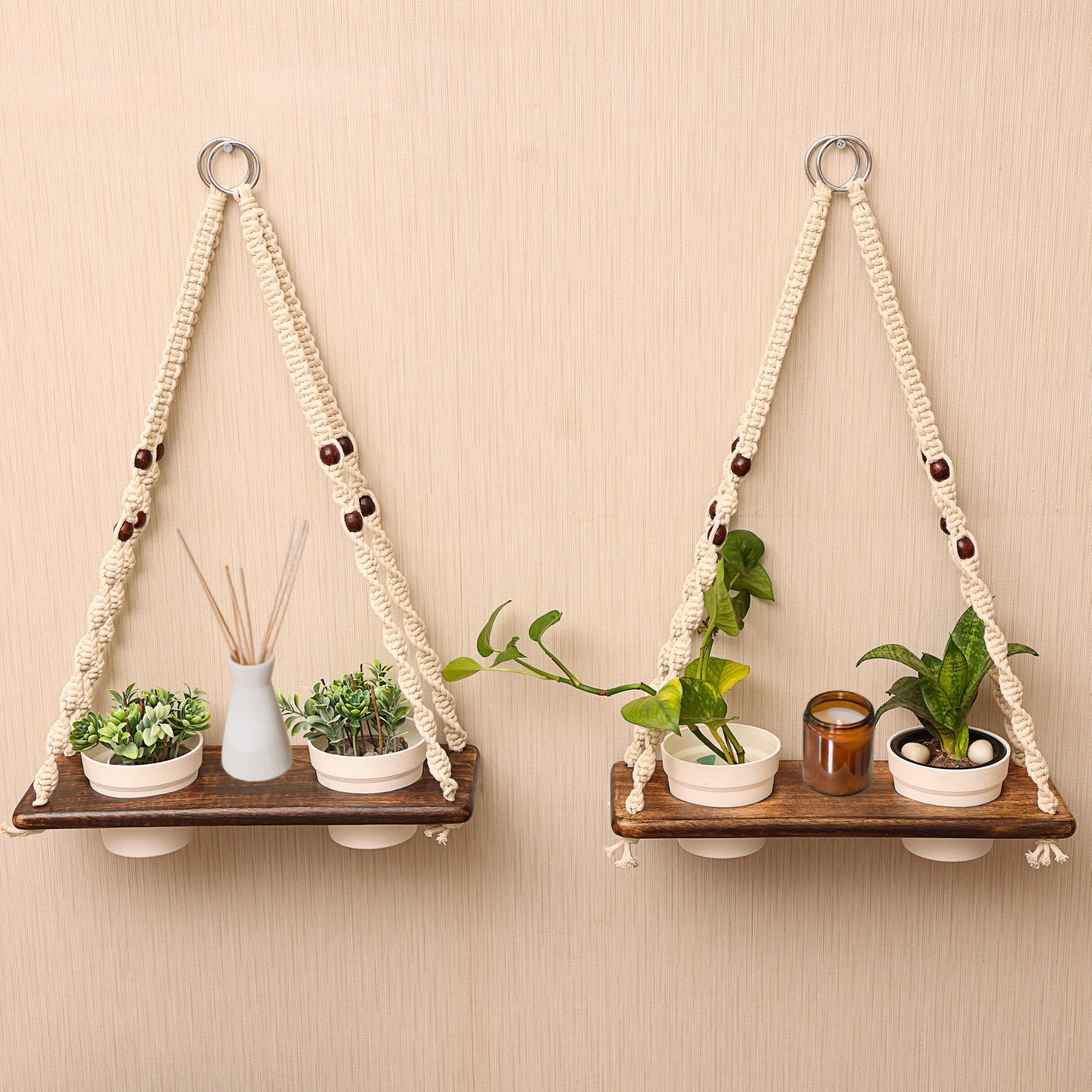 Macramé Plant Shelf with Mango Wood | Hanging Wall Decor