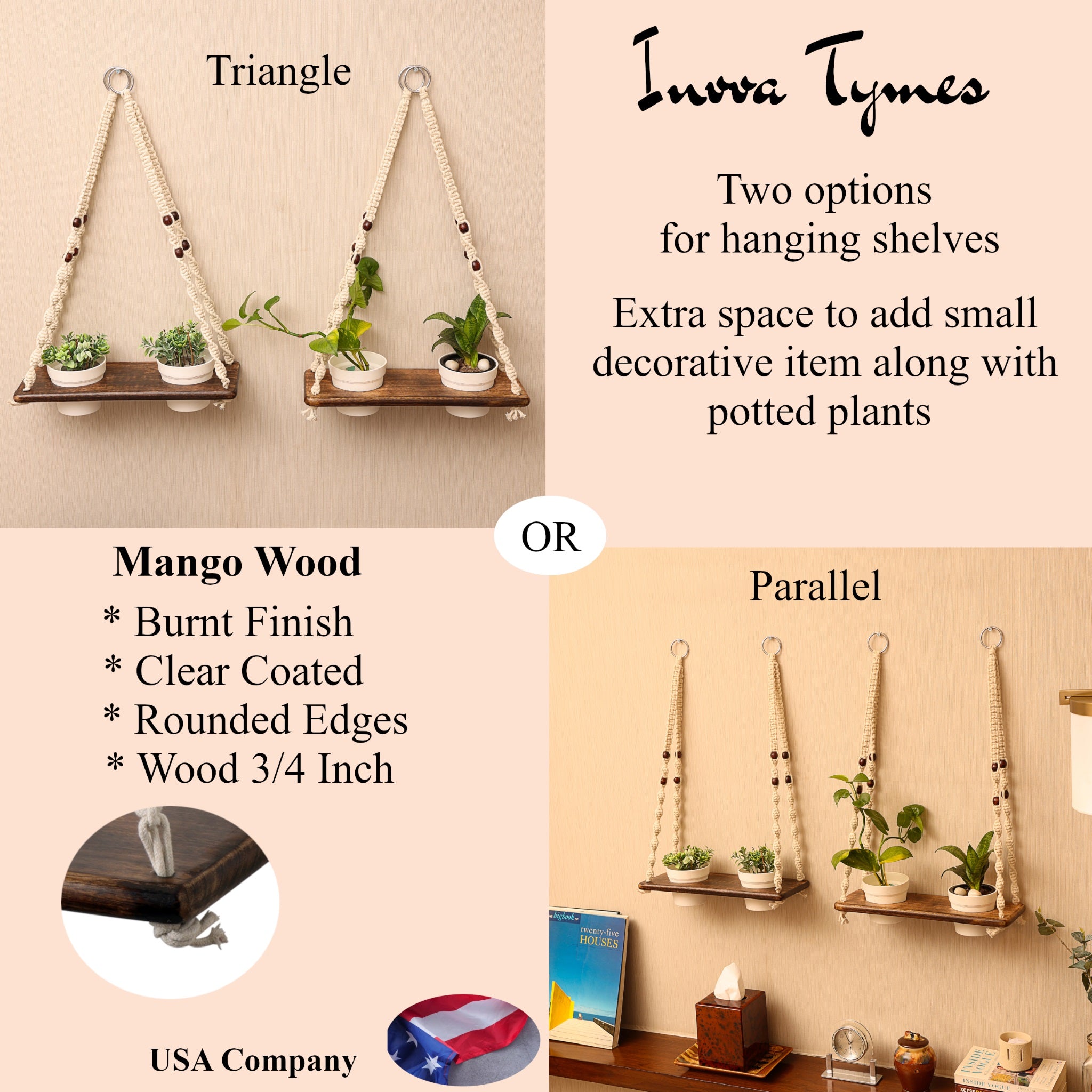 Macramé Plant Shelf with Mango Wood | Hanging Wall Decor