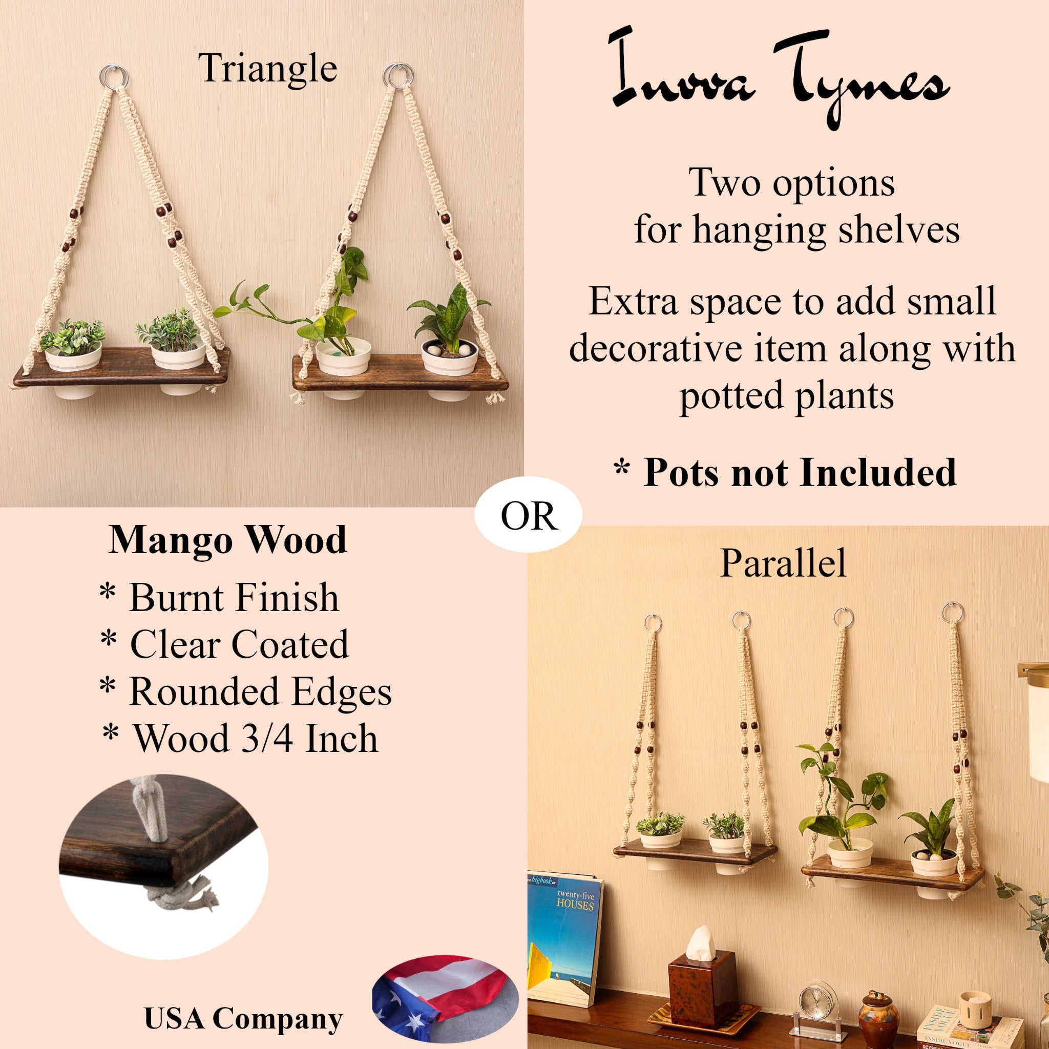 Macramé Plant Shelf with Mango Wood | Hanging Wall Decor