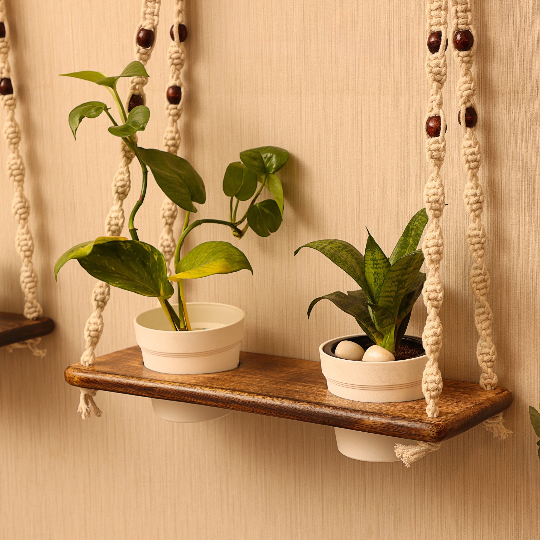 Macramé Plant Shelf with Mango Wood | Hanging Wall Decor